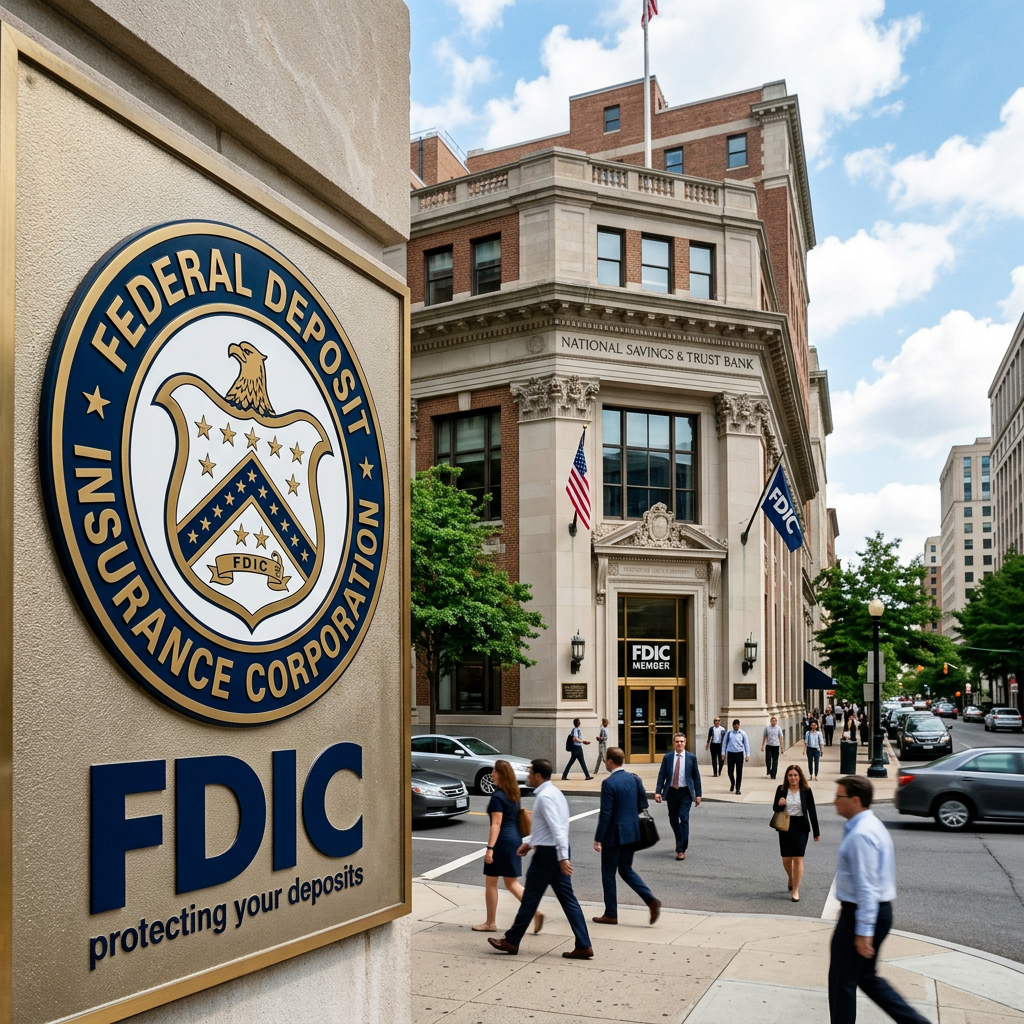 FDIC Federal Deposit Insurance Corporation sign and office building with people walking in front