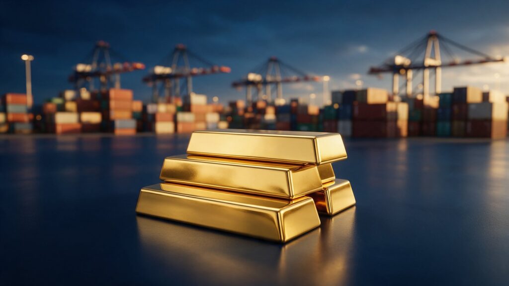 Gold bars beside stacked shipping containers at a port at dusk, representing the link between money and global trade